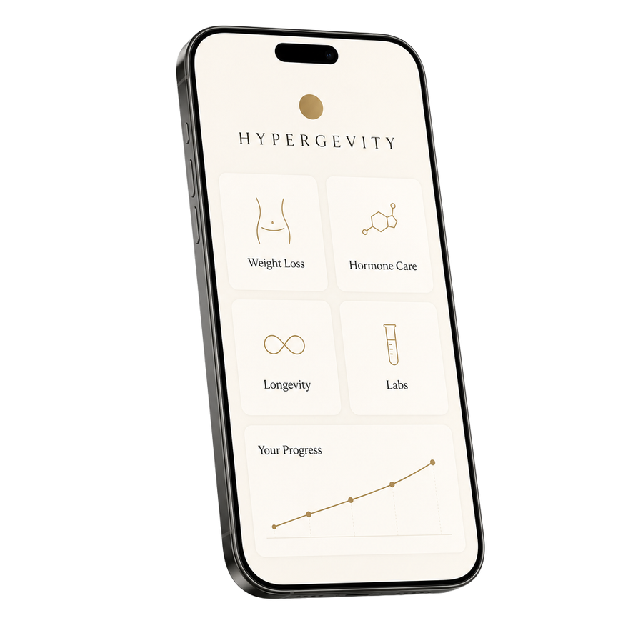 Concept preview of the upcoming Hypergevity mobile app showing weight loss, hormone care, longevity and labs sections