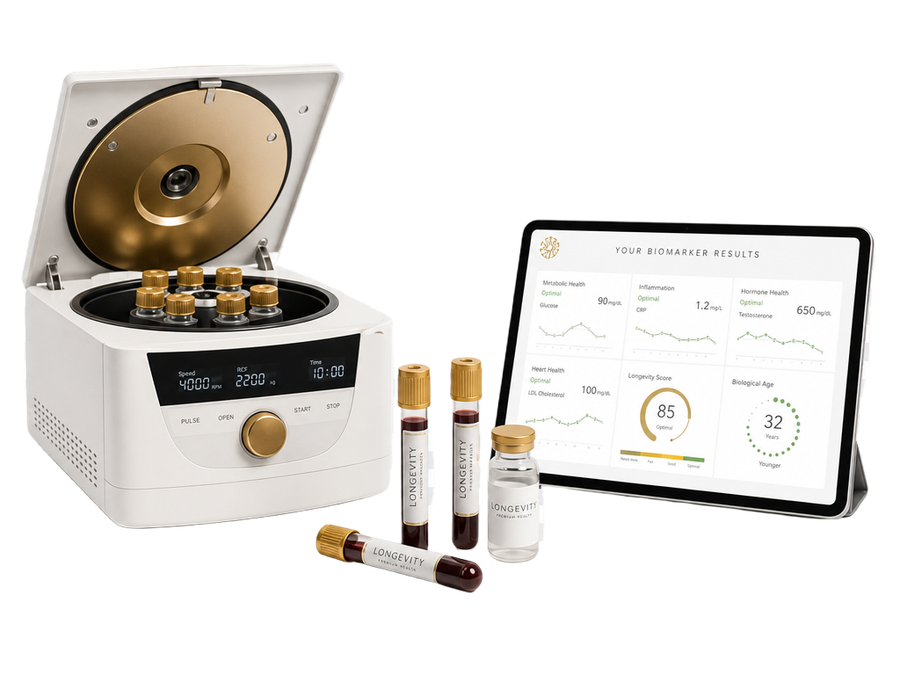 Laboratory centrifuge, sample tubes and a tablet displaying a biomarker report