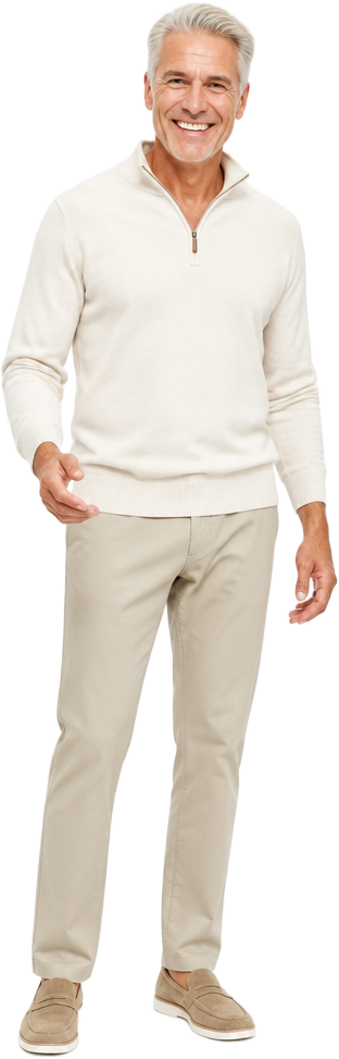 Smiling silver-haired man in a light sweater standing in an open pose