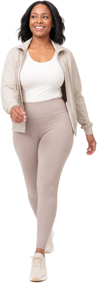 Smiling woman in activewear walking forward