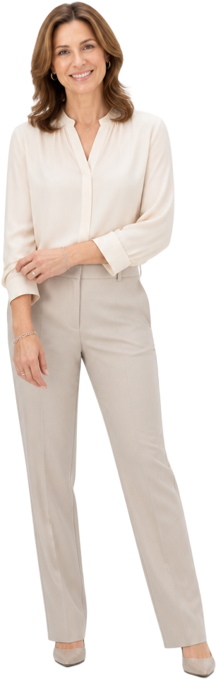 Smiling woman in a cream blouse standing in a relaxed, open pose
